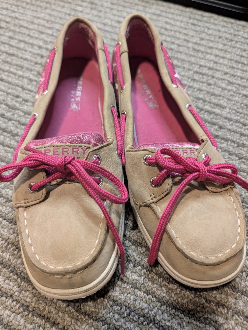 Sperry Kids Beige Pink Leather Animal Print Lace Up Boat Shoe Flats US 4.5 Sperr